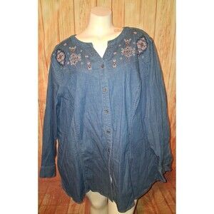 D&Co Medium Denim Geometric Embroider Long Sleeve Button Up Blouse Sz 3X